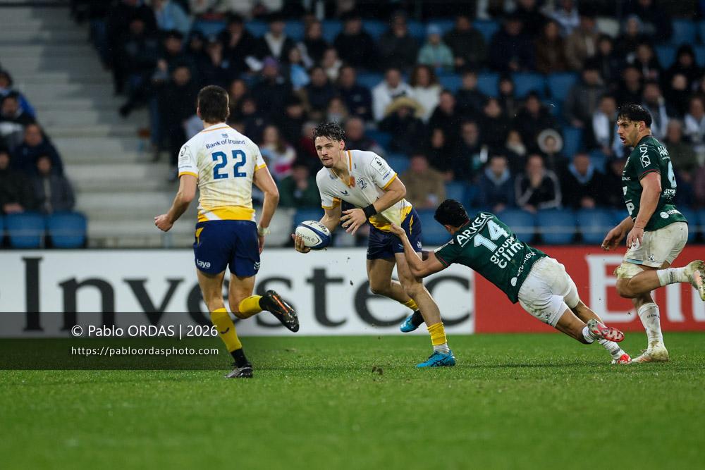 Harry Byrne, lors du match de Champions Cup entre l'Aviron bayonnais et le Leinster, le 17 janvier 2026 au stade Jean Dauger de Bayonne, France (Photo Pablo ORDAS)