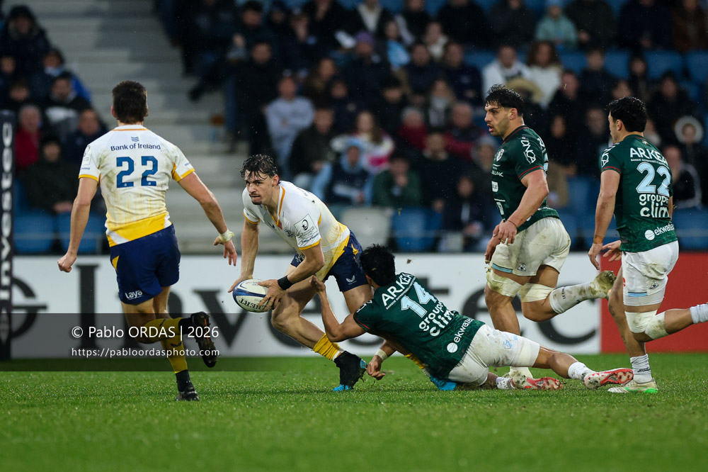 Harry Byrne, lors du match de Champions Cup entre l'Aviron bayonnais et le Leinster, le 17 janvier 2026 au stade Jean Dauger de Bayonne, France (Photo Pablo ORDAS)