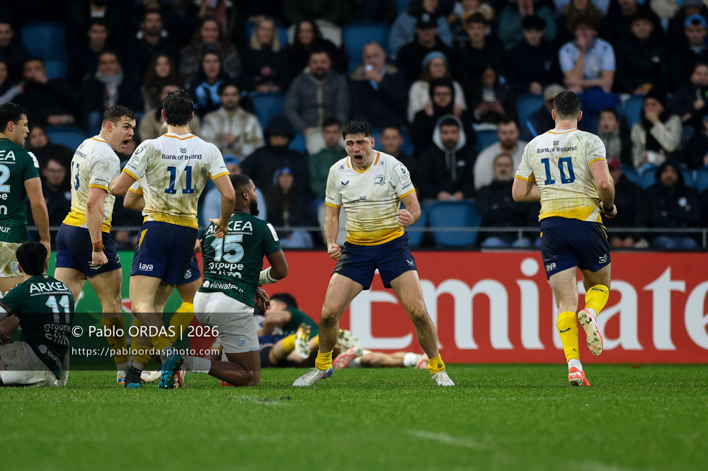 Jimmy O'Brien, lors du match de Champions Cup entre l'Aviron bayonnais et le Leinster, le 17 janvier 2026 au stade Jean Dauger de Bayonne, France (Photo Pablo ORDAS)