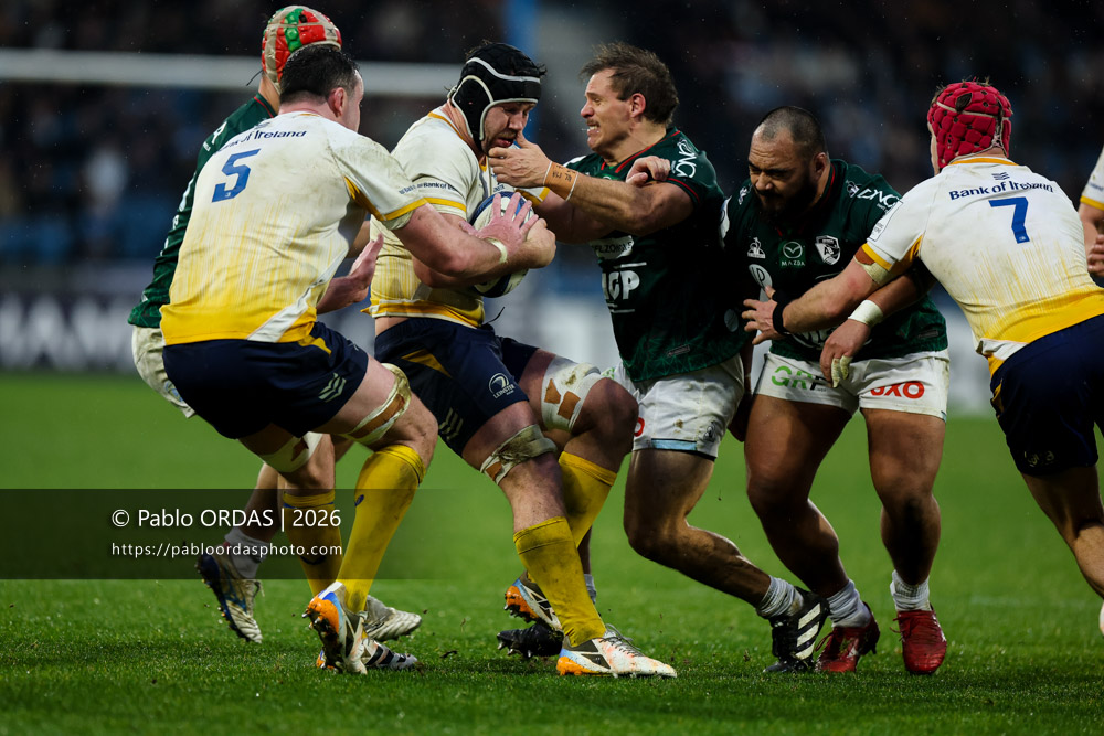 Caelan Doris, lors du match de Champions Cup entre l'Aviron bayonnais et le Leinster, le 17 janvier 2026 au stade Jean Dauger de Bayonne, France (Photo Pablo ORDAS)