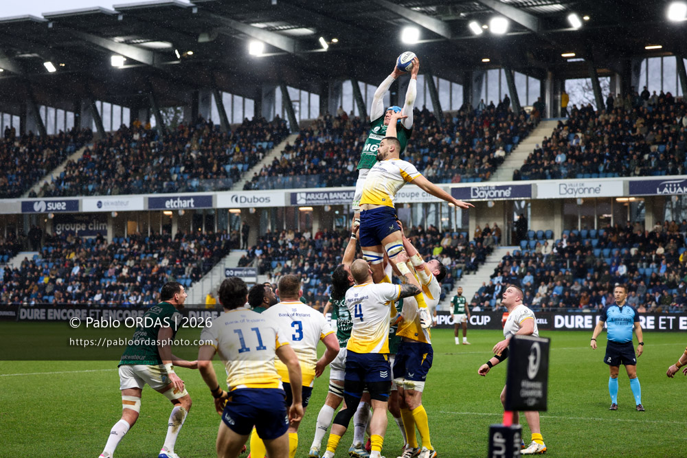Arthur Iturria, lors du match de Champions Cup entre l'Aviron bayonnais et le Leinster, le 17 janvier 2026 au stade Jean Dauger de Bayonne, France (Photo Pablo ORDAS)