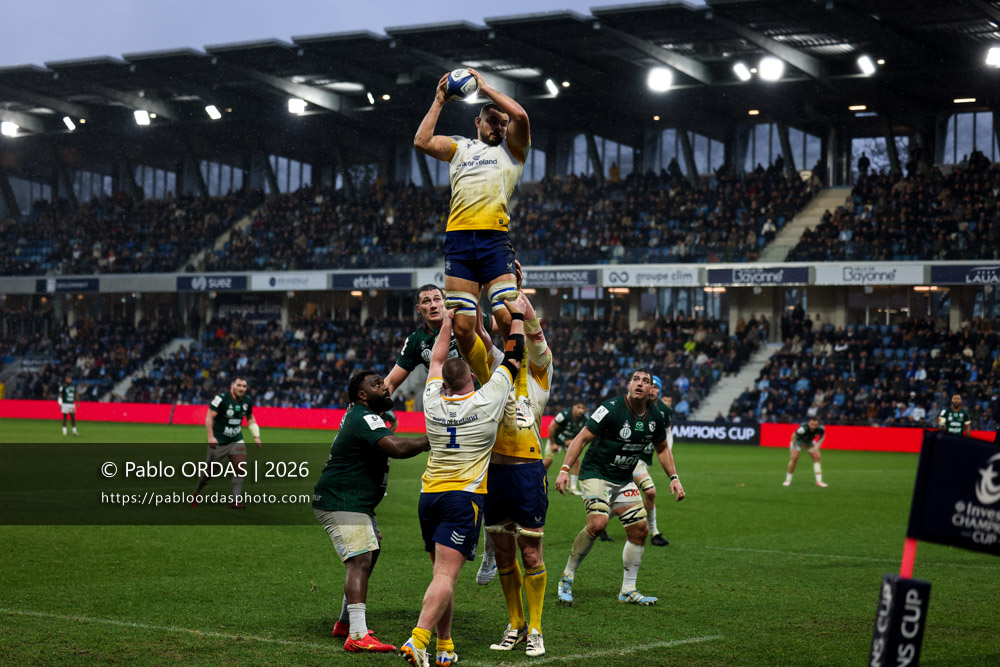 Max Deegan, lors du match de Champions Cup entre l'Aviron bayonnais et le Leinster, le 17 janvier 2026 au stade Jean Dauger de Bayonne, France (Photo Pablo ORDAS)