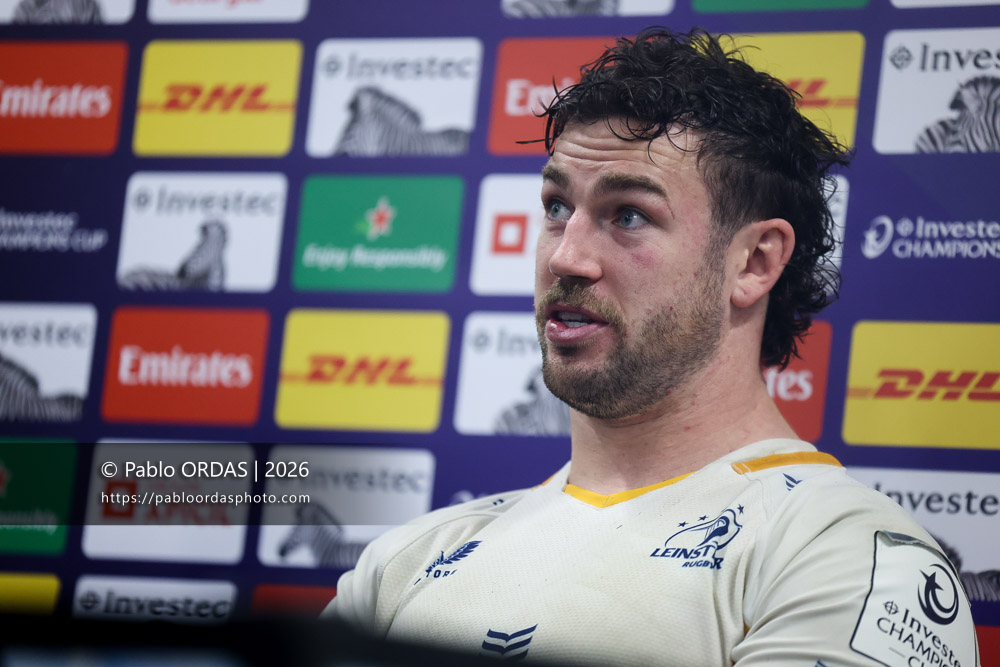 Caelan Doris, lors du match de Champions Cup entre l'Aviron bayonnais et le Leinster, le 17 janvier 2026 au stade Jean Dauger de Bayonne, France (Photo Pablo ORDAS)