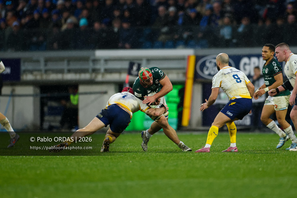 Manex Ariceta, lors du match de Champions Cup entre l'Aviron bayonnais et le Leinster, le 17 janvier 2026 au stade Jean Dauger de Bayonne, France (Photo Pablo ORDAS)