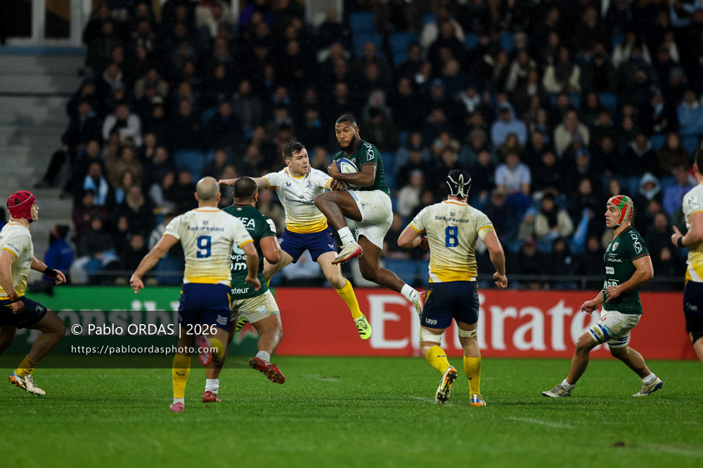 Cheikh Tiberghien, lors du match de Champions Cup entre l'Aviron bayonnais et le Leinster, le 17 janvier 2026 au stade Jean Dauger de Bayonne, France (Photo Pablo ORDAS)