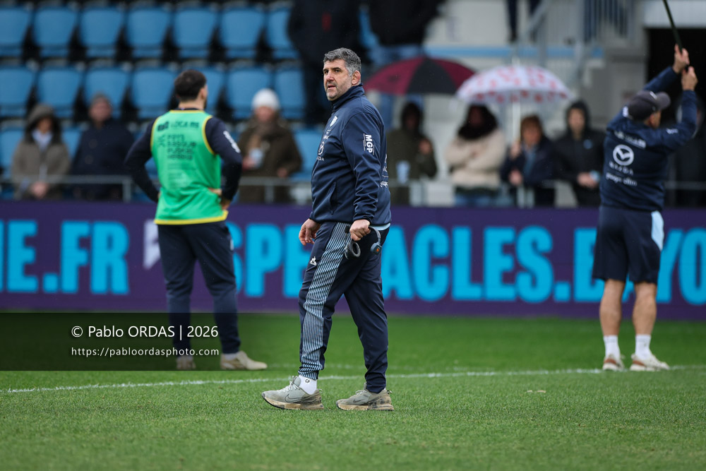 Grégory Patat, lors du match de Top 14 entre l'Aviron bayonnais et le Castres olympique, le 24 janvier 2026 au stade Jean Dauger de Bayonne, France (Photo Pablo ORDAS)