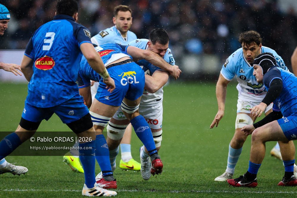 Ewan Johnson, lors du match de Top 14 entre l'Aviron bayonnais et le Castres olympique, le 24 janvier 2026 au stade Jean Dauger de Bayonne, France (Photo Pablo ORDAS)
