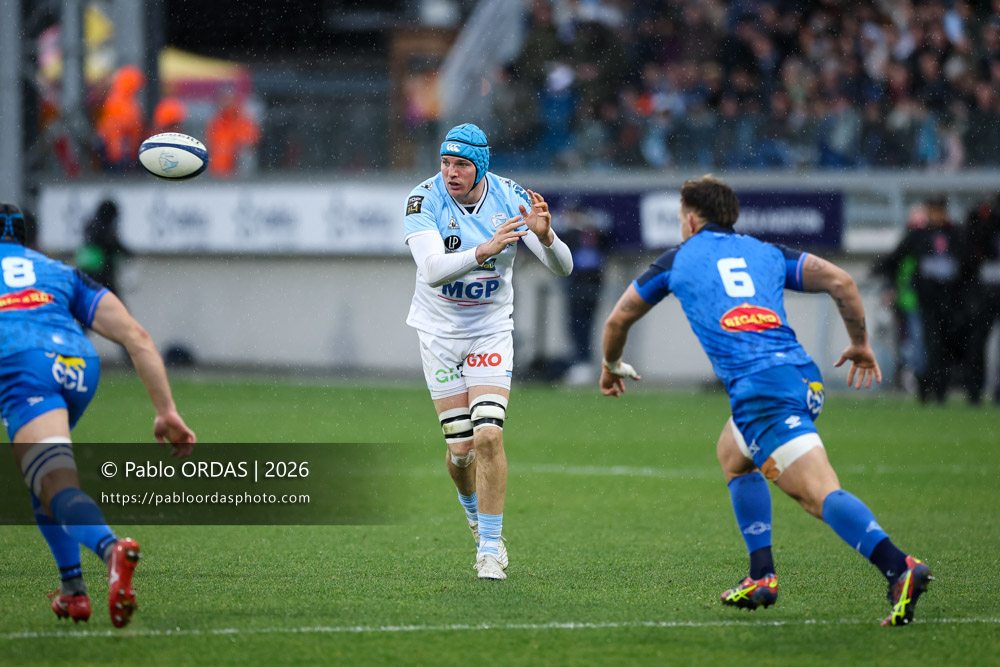 Arthur Iturria, lors du match de Top 14 entre l'Aviron bayonnais et le Castres olympique, le 24 janvier 2026 au stade Jean Dauger de Bayonne, France (Photo Pablo ORDAS)