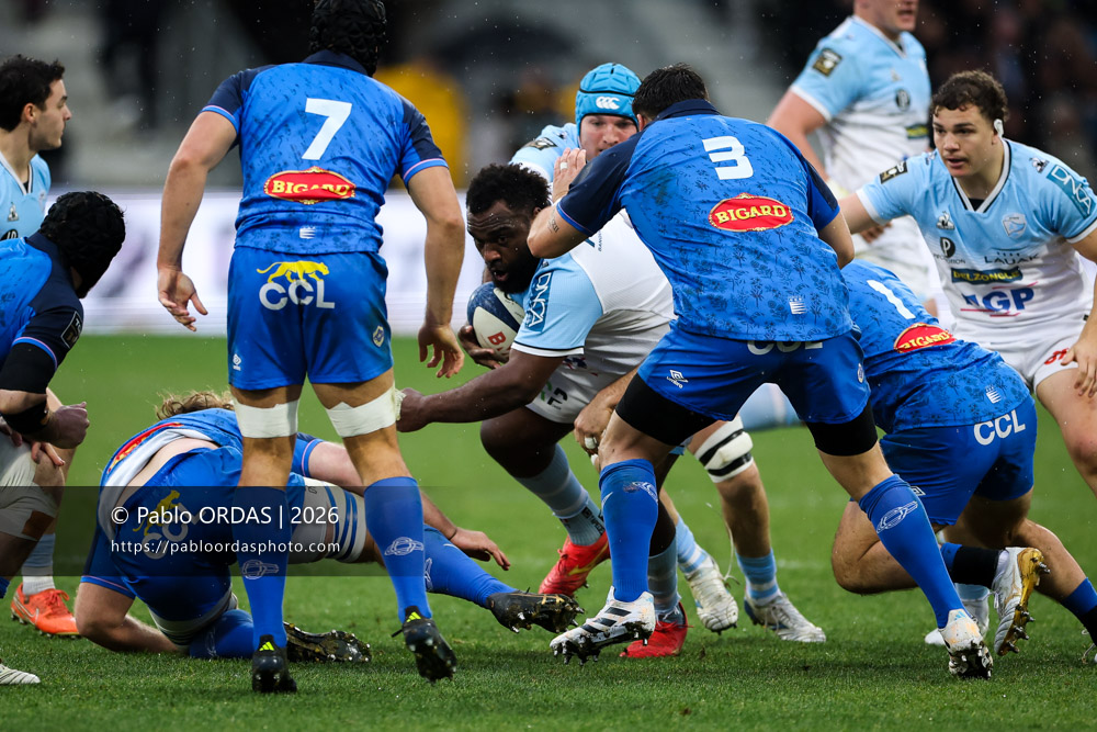 Luke Tagi, lors du match de Top 14 entre l'Aviron bayonnais et le Castres olympique, le 24 janvier 2026 au stade Jean Dauger de Bayonne, France (Photo Pablo ORDAS)