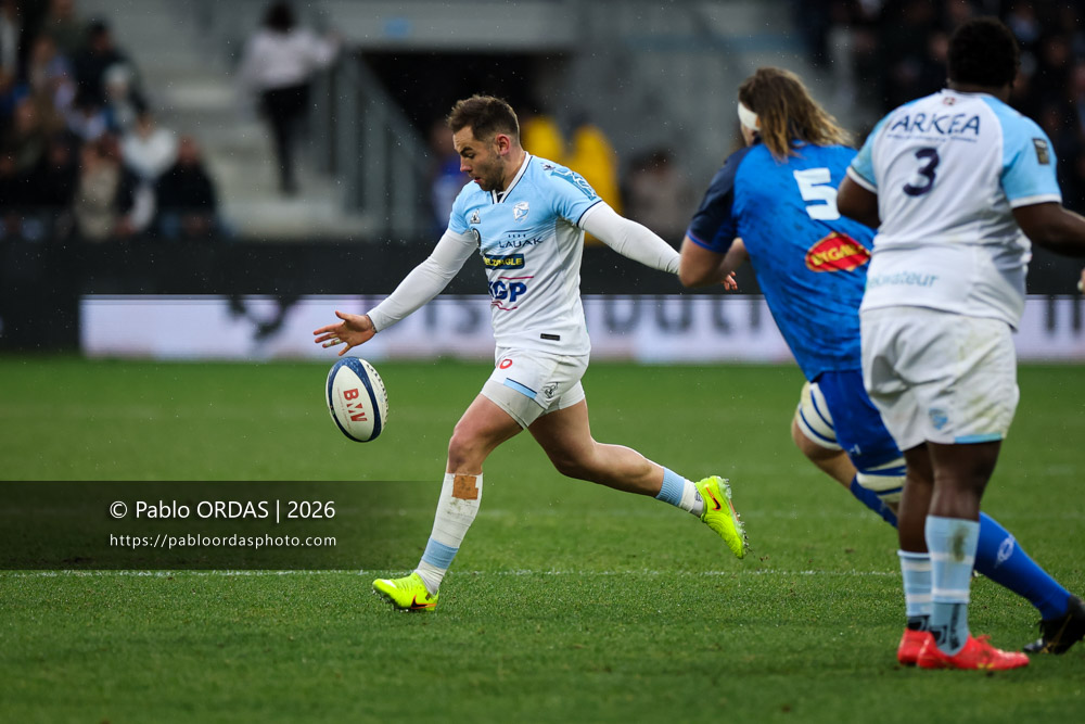 Joris Segonds, lors du match de Top 14 entre l'Aviron bayonnais et le Castres olympique, le 24 janvier 2026 au stade Jean Dauger de Bayonne, France (Photo Pablo ORDAS)
