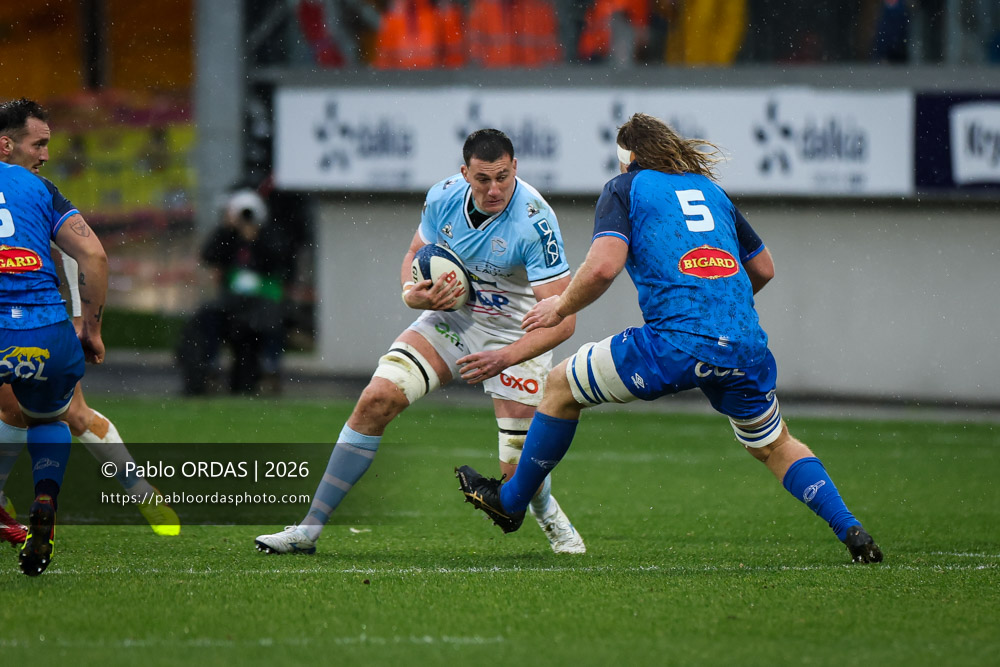 Ewan Johnson, lors du match de Top 14 entre l'Aviron bayonnais et le Castres olympique, le 24 janvier 2026 au stade Jean Dauger de Bayonne, France (Photo Pablo ORDAS)