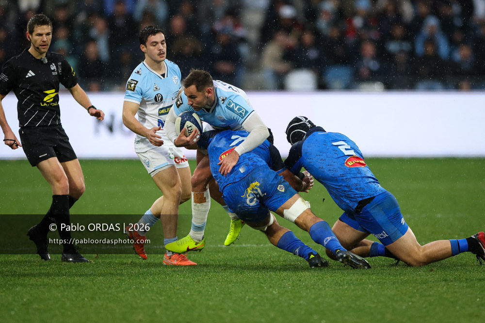Joris Segonds, lors du match de Top 14 entre l'Aviron bayonnais et le Castres olympique, le 24 janvier 2026 au stade Jean Dauger de Bayonne, France (Photo Pablo ORDAS)