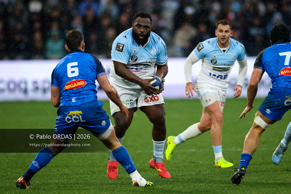 Luke Tagi, lors du match de Top 14 entre l'Aviron bayonnais et le Castres olympique, le 24 janvier 2026 au stade Jean Dauger de Bayonne, France (Photo Pablo ORDAS)