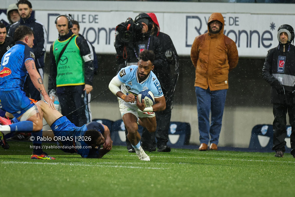 Sireli Maqala, lors du match de Top 14 entre l'Aviron bayonnais et le Castres olympique, le 24 janvier 2026 au stade Jean Dauger de Bayonne, France (Photo Pablo ORDAS)