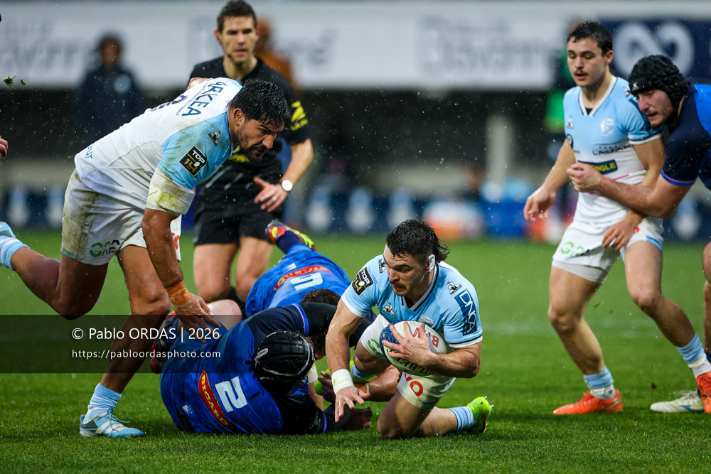 Mateo Carreras, lors du match de Top 14 entre l'Aviron bayonnais et le Castres olympique, le 24 janvier 2026 au stade Jean Dauger de Bayonne, France (Photo Pablo ORDAS)