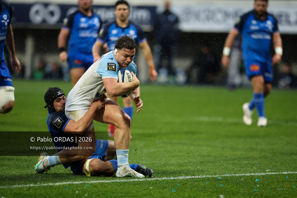 Lucas Martin, lors du match de Top 14 entre l'Aviron bayonnais et le Castres olympique, le 24 janvier 2026 au stade Jean Dauger de Bayonne, France (Photo Pablo ORDAS)