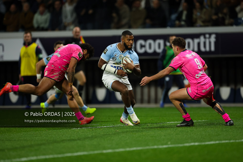 Cheikh Tiberghien, lors du match de Top 14 entre l'Aviron bayonnais et le Stade français Paris, le 27 décembre 2025 au stade Jean Dauger de Bayonne, France (Photo Pablo ORDAS)