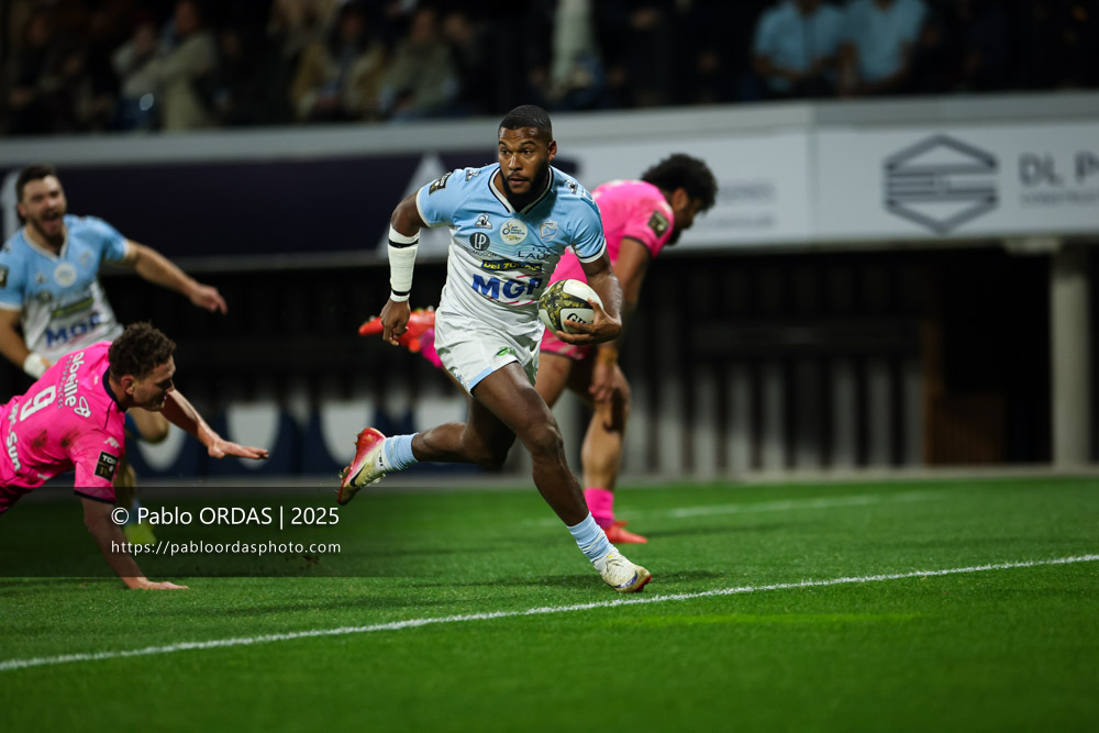 Cheikh Tiberghien, lors du match de Top 14 entre l'Aviron bayonnais et le Stade français Paris, le 27 décembre 2025 au stade Jean Dauger de Bayonne, France (Photo Pablo ORDAS)