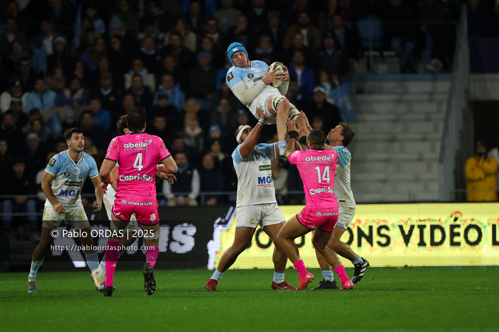 Arthur Iturria, lors du match de Top 14 entre l'Aviron bayonnais et le Stade français Paris, le 27 décembre 2025 au stade Jean Dauger de Bayonne, France (Photo Pablo ORDAS)