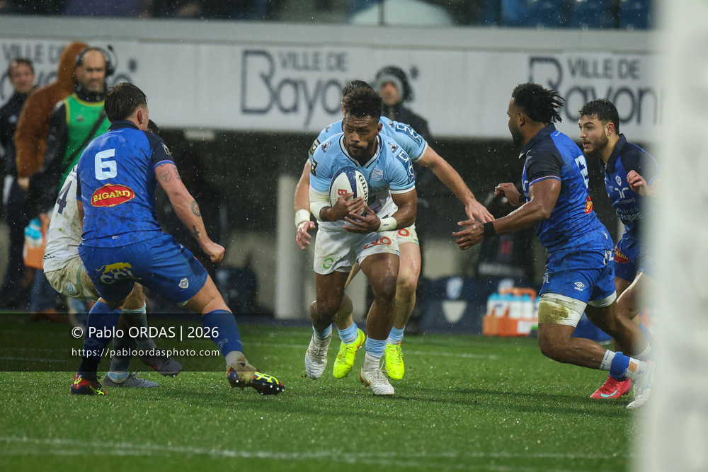 Sireli Maqala, lors du match de Top 14 entre l'Aviron bayonnais et le Castres olympique, le 24 janvier 2026 au stade Jean Dauger de Bayonne, France (Photo Pablo ORDAS)