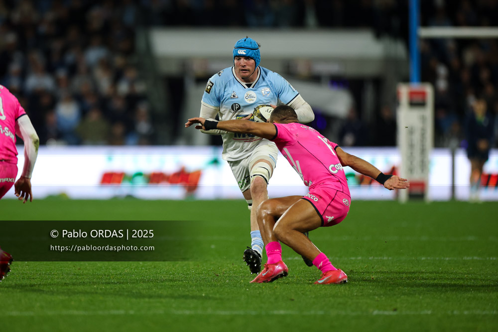 Arthur Iturria, lors du match de Top 14 entre l'Aviron bayonnais et le Stade français Paris, le 27 décembre 2025 au stade Jean Dauger de Bayonne, France (Photo Pablo ORDAS)