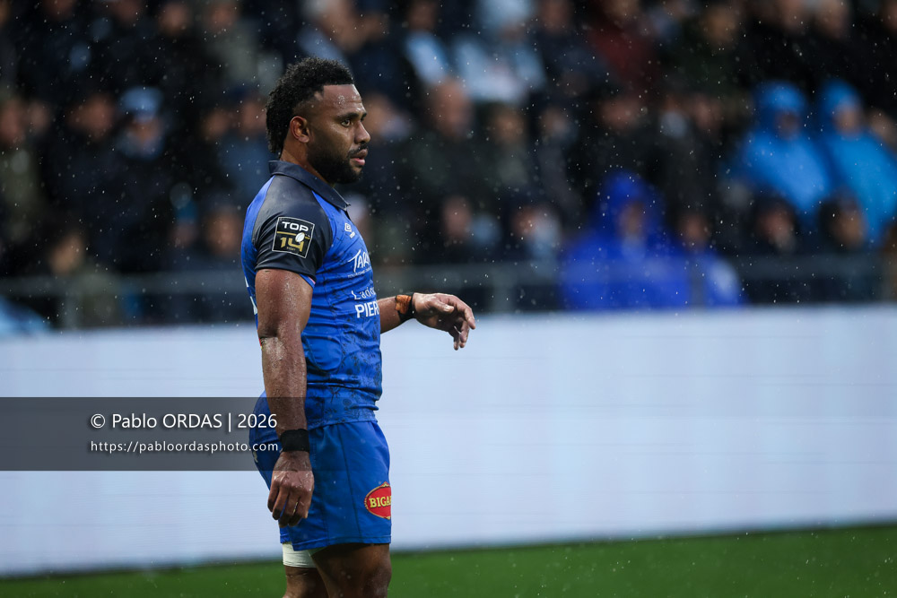 Vuate Karawalevu, lors du match de Top 14 entre l'Aviron bayonnais et le Castres olympique, le 24 janvier 2026 au stade Jean Dauger de Bayonne, France (Photo Pablo ORDAS)