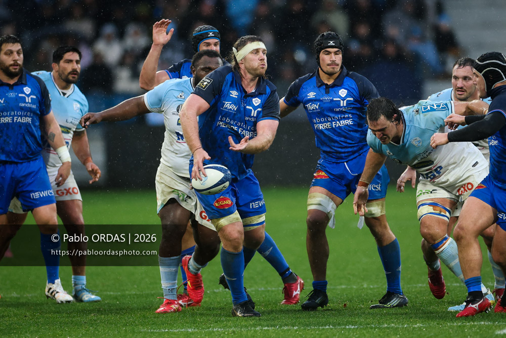 Tom Staniforth, lors du match de Top 14 entre l'Aviron bayonnais et le Castres olympique, le 24 janvier 2026 au stade Jean Dauger de Bayonne, France (Photo Pablo ORDAS)