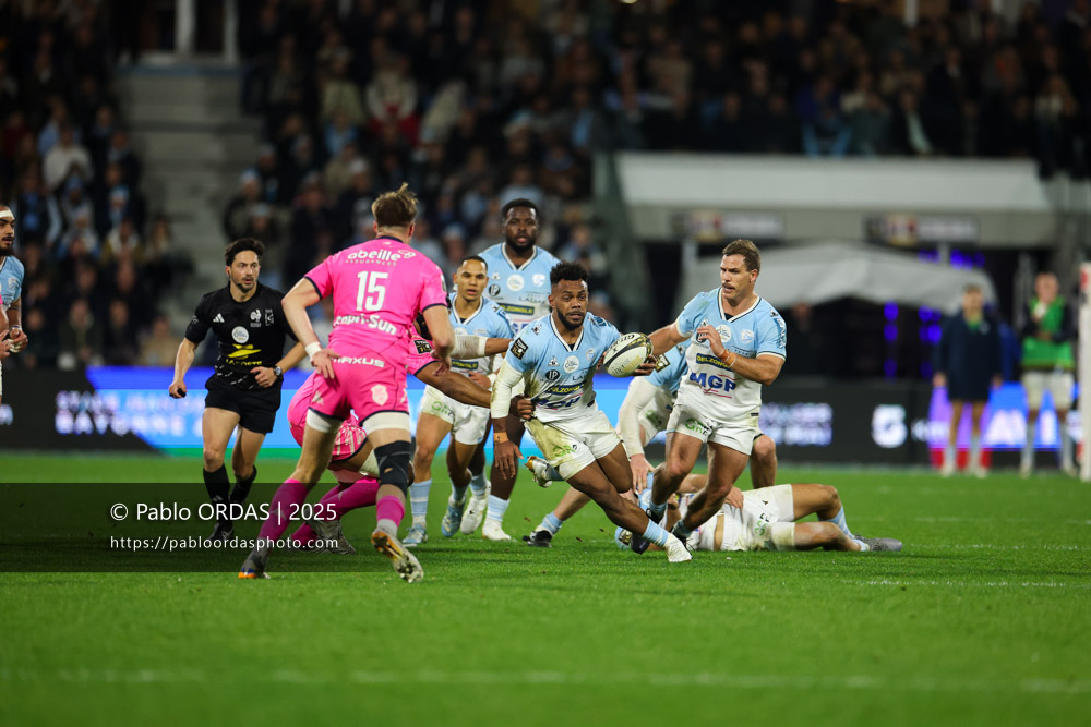 Sireli Maqala, lors du match de Top 14 entre l'Aviron bayonnais et le Stade français Paris, le 27 décembre 2025 au stade Jean Dauger de Bayonne, France (Photo Pablo ORDAS)