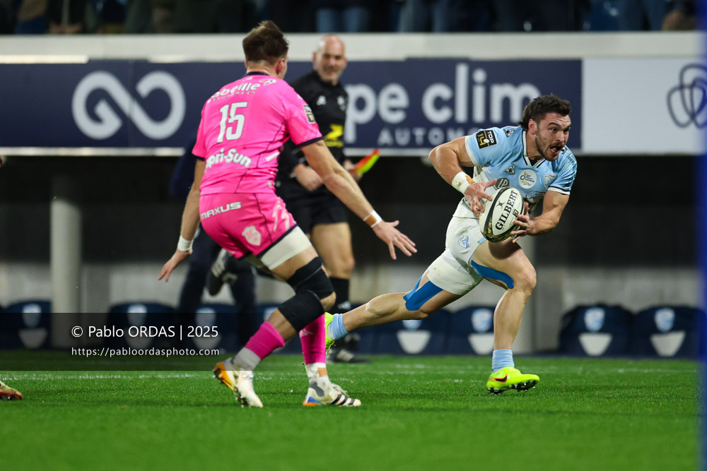 Mateo Carreras, lors du match de Top 14 entre l'Aviron bayonnais et le Stade français Paris, le 27 décembre 2025 au stade Jean Dauger de Bayonne, France (Photo Pablo ORDAS)