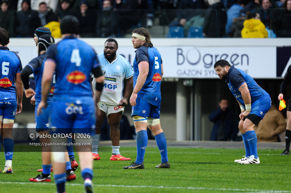 Tom Staniforth, lors du match de Top 14 entre l'Aviron bayonnais et le Castres olympique, le 24 janvier 2026 au stade Jean Dauger de Bayonne, France (Photo Pablo ORDAS)