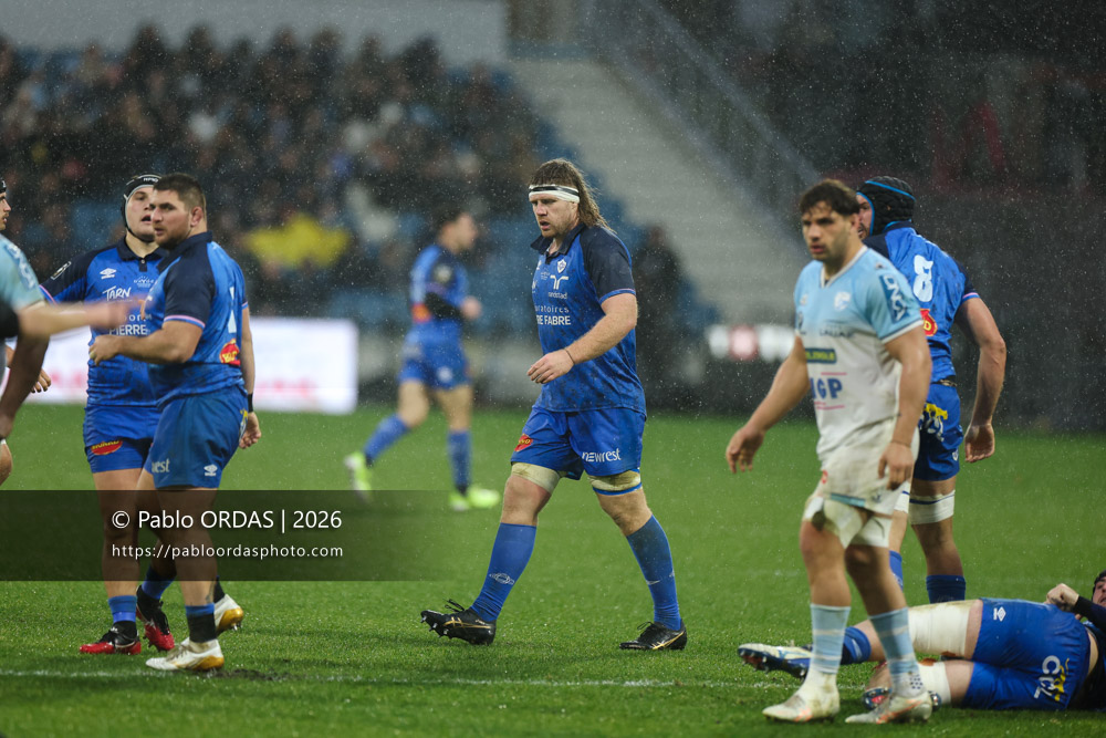 Tom Staniforth, lors du match de Top 14 entre l'Aviron bayonnais et le Castres olympique, le 24 janvier 2026 au stade Jean Dauger de Bayonne, France (Photo Pablo ORDAS)