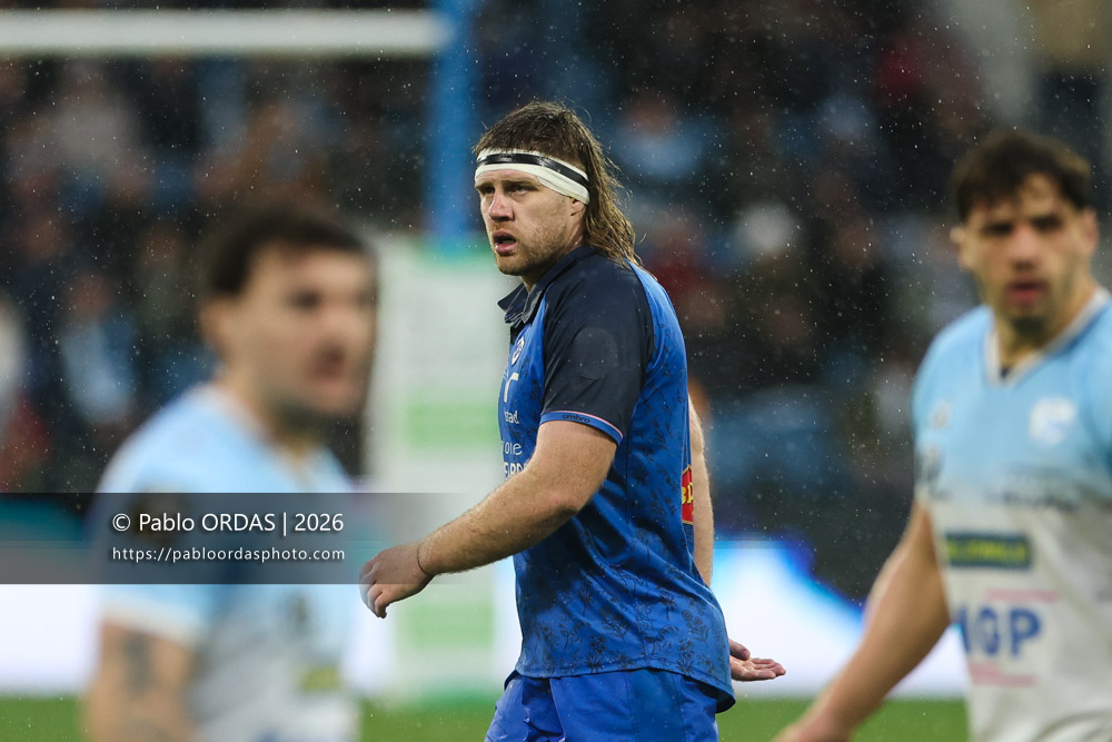 Tom Staniforth, lors du match de Top 14 entre l'Aviron bayonnais et le Castres olympique, le 24 janvier 2026 au stade Jean Dauger de Bayonne, France (Photo Pablo ORDAS)