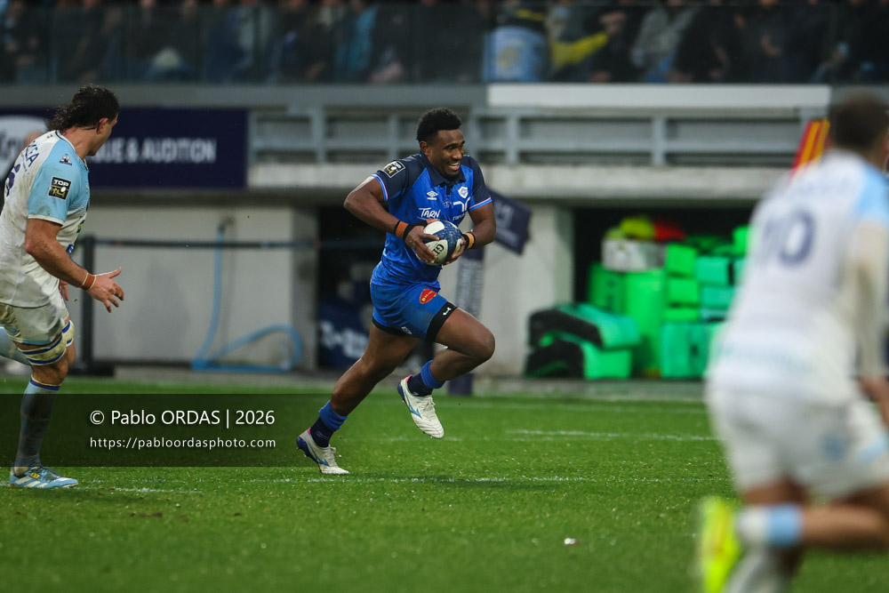 Vuate Karawalevu, lors du match de Top 14 entre l'Aviron bayonnais et le Castres olympique, le 24 janvier 2026 au stade Jean Dauger de Bayonne, France (Photo Pablo ORDAS)