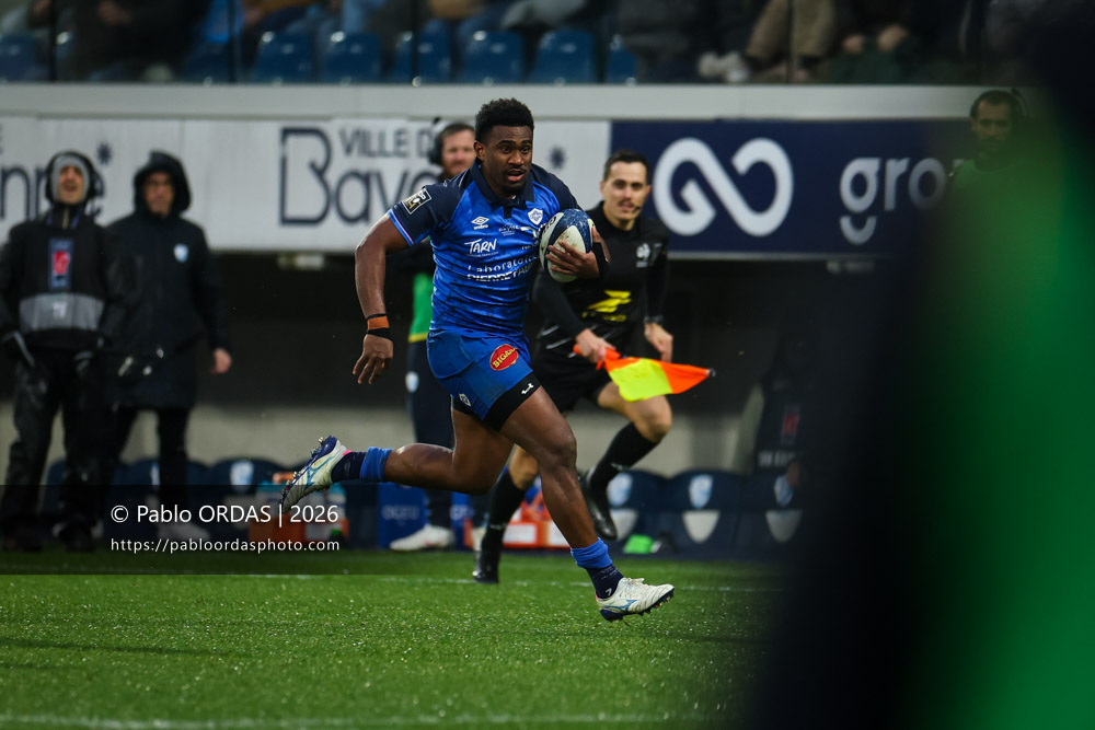 Vuate Karawalevu, lors du match de Top 14 entre l'Aviron bayonnais et le Castres olympique, le 24 janvier 2026 au stade Jean Dauger de Bayonne, France (Photo Pablo ORDAS)
