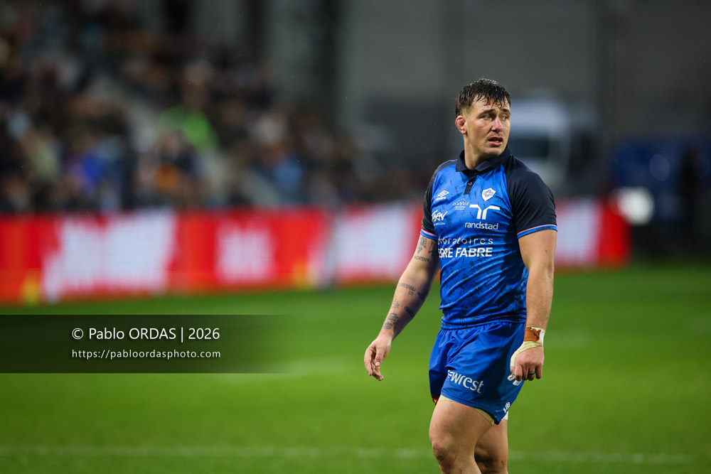 Baptiste Delaporte, lors du match de Top 14 entre l'Aviron bayonnais et le Castres olympique, le 24 janvier 2026 au stade Jean Dauger de Bayonne, France (Photo Pablo ORDAS)