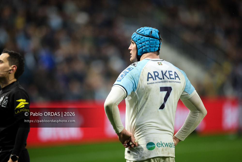Arthur Iturria, lors du match de Top 14 entre l'Aviron bayonnais et le Castres olympique, le 24 janvier 2026 au stade Jean Dauger de Bayonne, France (Photo Pablo ORDAS)