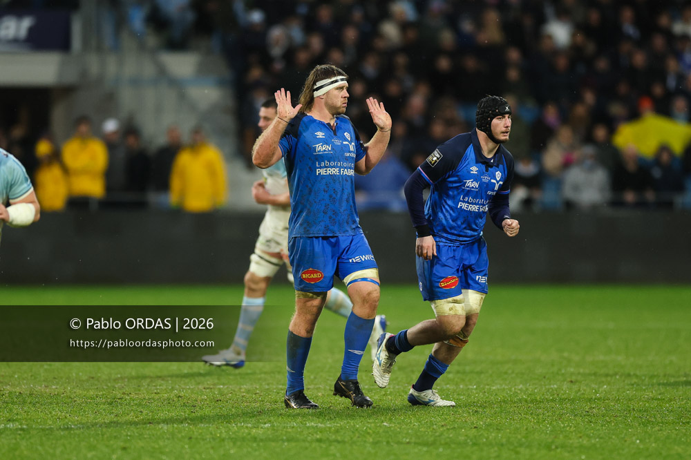 Tom Staniforth, lors du match de Top 14 entre l'Aviron bayonnais et le Castres olympique, le 24 janvier 2026 au stade Jean Dauger de Bayonne, France (Photo Pablo ORDAS)