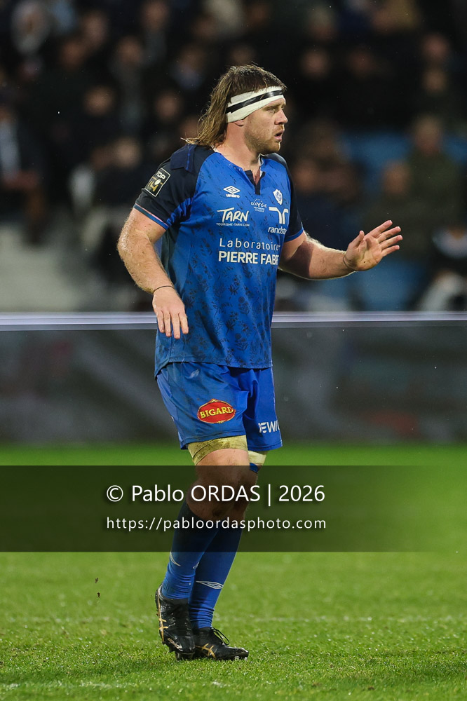 Tom Staniforth, lors du match de Top 14 entre l'Aviron bayonnais et le Castres olympique, le 24 janvier 2026 au stade Jean Dauger de Bayonne, France (Photo Pablo ORDAS)