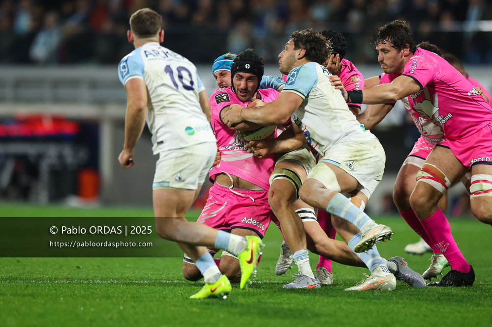 Mathieu Hirigoyen, lors du match de Top 14 entre l'Aviron bayonnais et le Stade français Paris, le 27 décembre 2025 au stade Jean Dauger de Bayonne, France (Photo Pablo ORDAS)