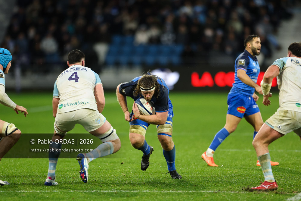 Tom Staniforth, lors du match de Top 14 entre l'Aviron bayonnais et le Castres olympique, le 24 janvier 2026 au stade Jean Dauger de Bayonne, France (Photo Pablo ORDAS)