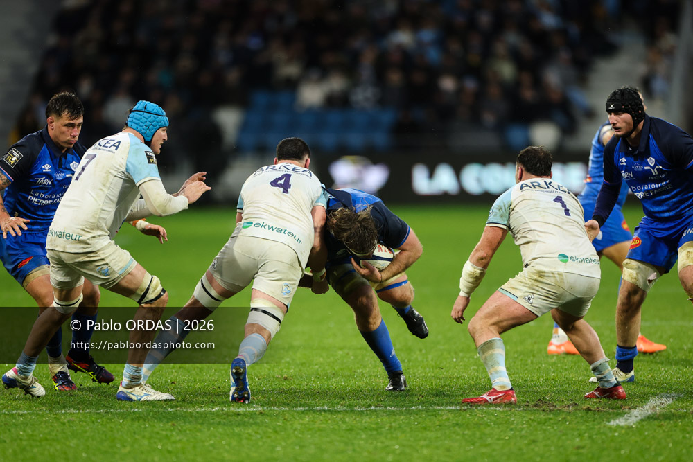 Tom Staniforth, lors du match de Top 14 entre l'Aviron bayonnais et le Castres olympique, le 24 janvier 2026 au stade Jean Dauger de Bayonne, France (Photo Pablo ORDAS)