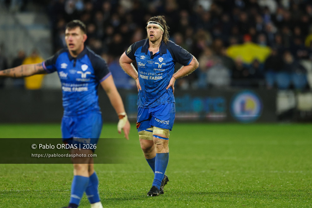 Tom Staniforth, lors du match de Top 14 entre l'Aviron bayonnais et le Castres olympique, le 24 janvier 2026 au stade Jean Dauger de Bayonne, France (Photo Pablo ORDAS)
