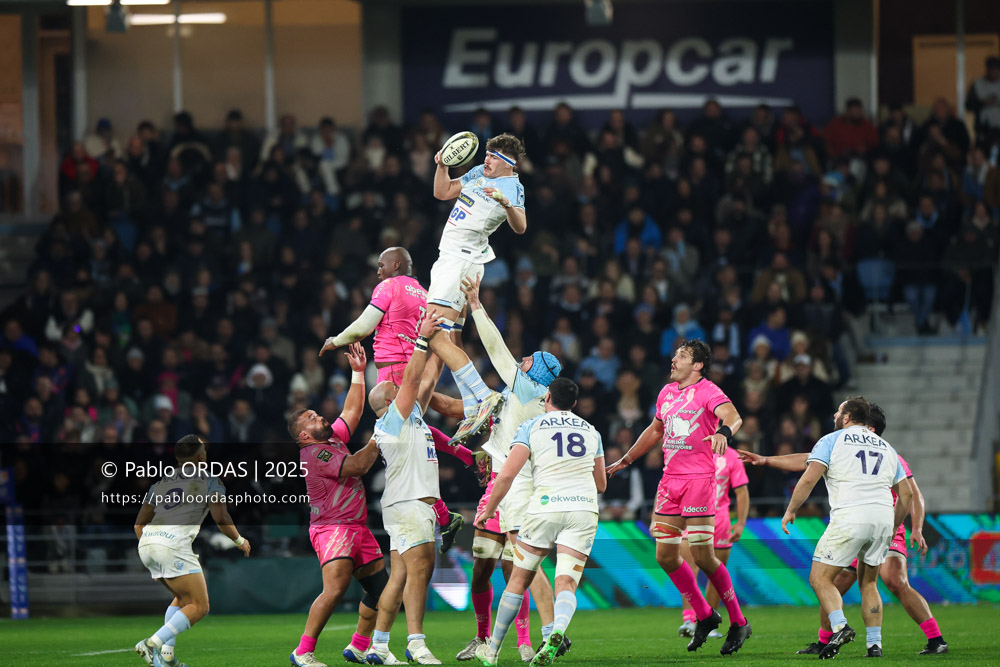 Baptiste Héguy, lors du match de Top 14 entre l'Aviron bayonnais et le Stade français Paris, le 27 décembre 2025 au stade Jean Dauger de Bayonne, France (Photo Pablo ORDAS)