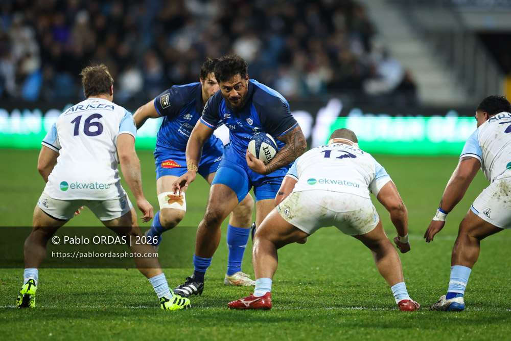 Abraham Papali'i, lors du match de Top 14 entre l'Aviron bayonnais et le Castres olympique, le 24 janvier 2026 au stade Jean Dauger de Bayonne, France (Photo Pablo ORDAS)