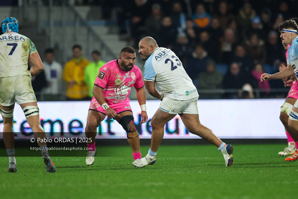 Pascal Cotet, lors du match de Top 14 entre l'Aviron bayonnais et le Stade français Paris, le 27 décembre 2025 au stade Jean Dauger de Bayonne, France (Photo Pablo ORDAS)