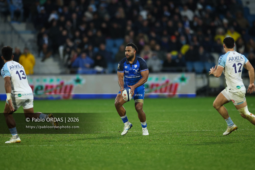 Vilimoni Botitu, lors du match de Top 14 entre l'Aviron bayonnais et le Castres olympique, le 24 janvier 2026 au stade Jean Dauger de Bayonne, France (Photo Pablo ORDAS)