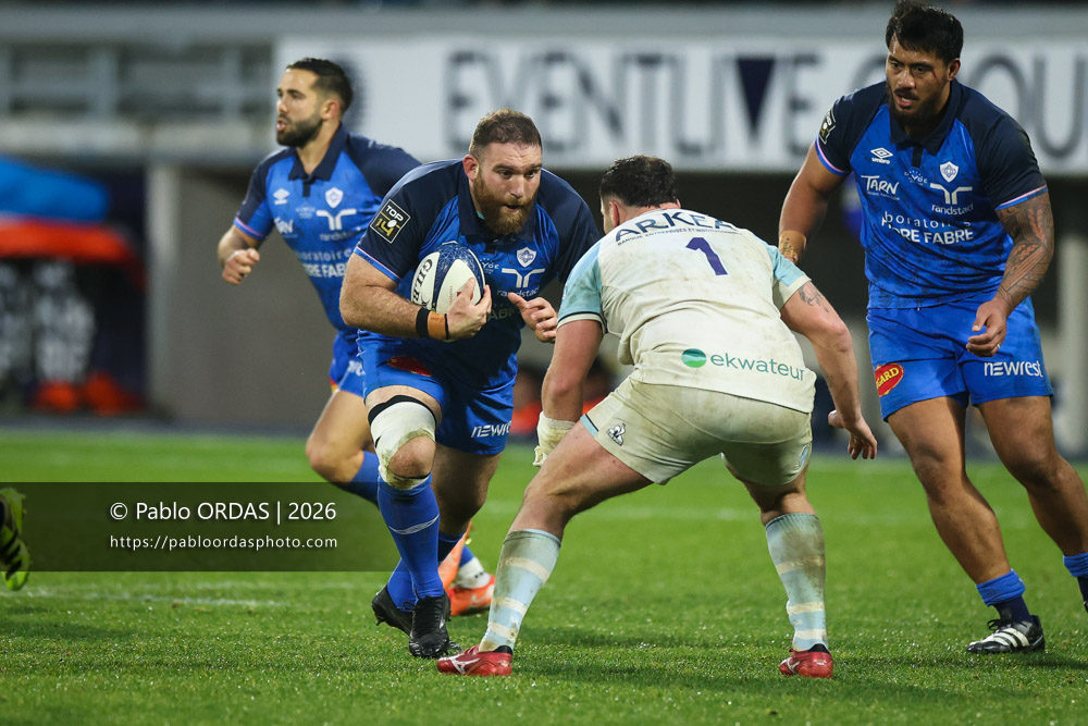 Nicolas Corato, lors du match de Top 14 entre l'Aviron bayonnais et le Castres olympique, le 24 janvier 2026 au stade Jean Dauger de Bayonne, France (Photo Pablo ORDAS)