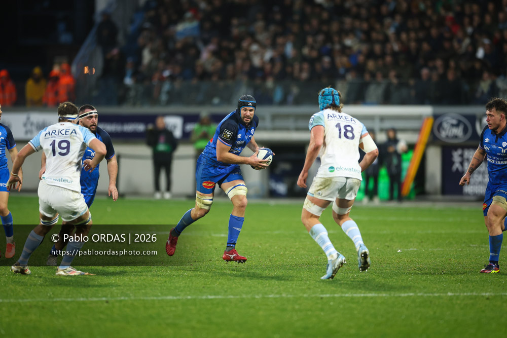 Tyler Ardron, lors du match de Top 14 entre l'Aviron bayonnais et le Castres olympique, le 24 janvier 2026 au stade Jean Dauger de Bayonne, France (Photo Pablo ORDAS)