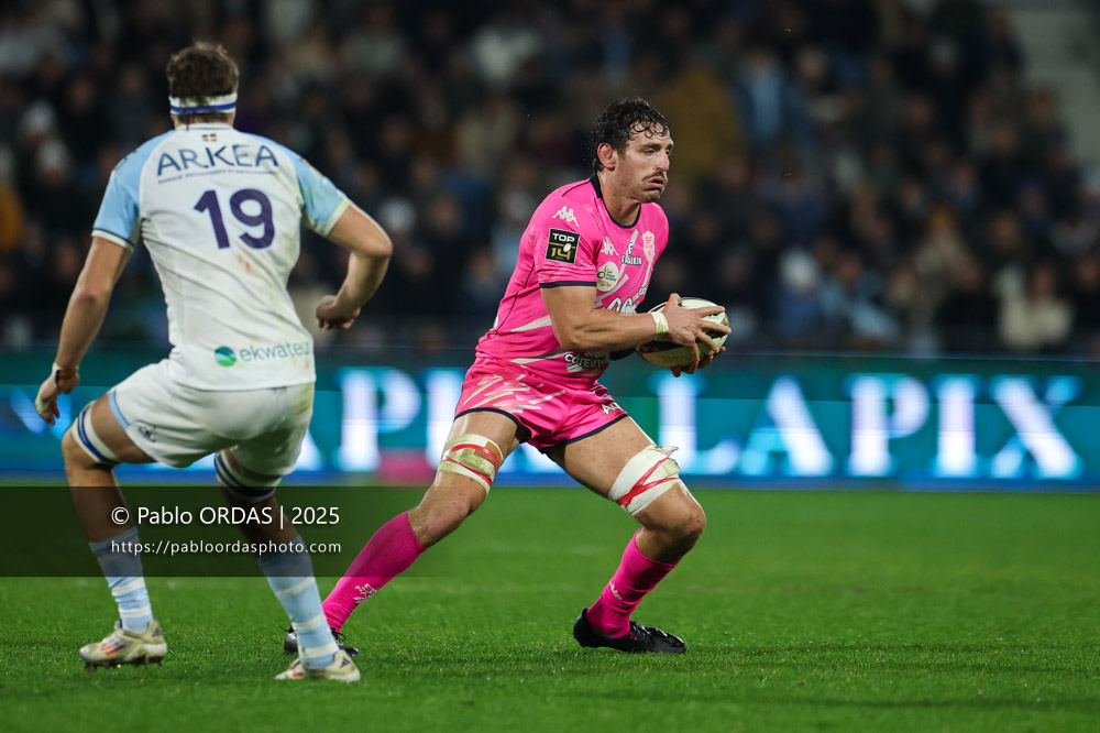 Paul Gabrillagues, lors du match de Top 14 entre l'Aviron bayonnais et le Stade français Paris, le 27 décembre 2025 au stade Jean Dauger de Bayonne, France (Photo Pablo ORDAS)