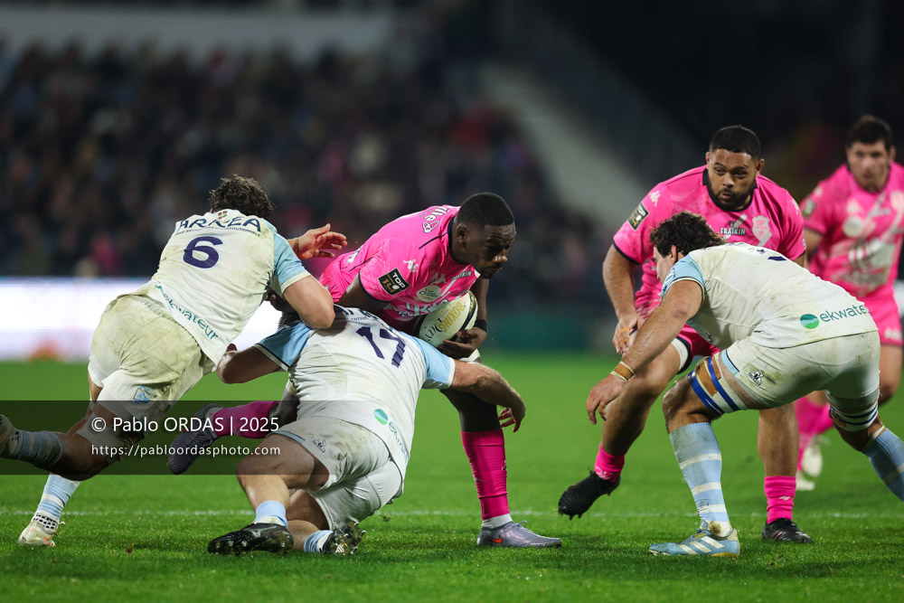 Yoan Tanga, lors du match de Top 14 entre l'Aviron bayonnais et le Stade français Paris, le 27 décembre 2025 au stade Jean Dauger de Bayonne, France (Photo Pablo ORDAS)